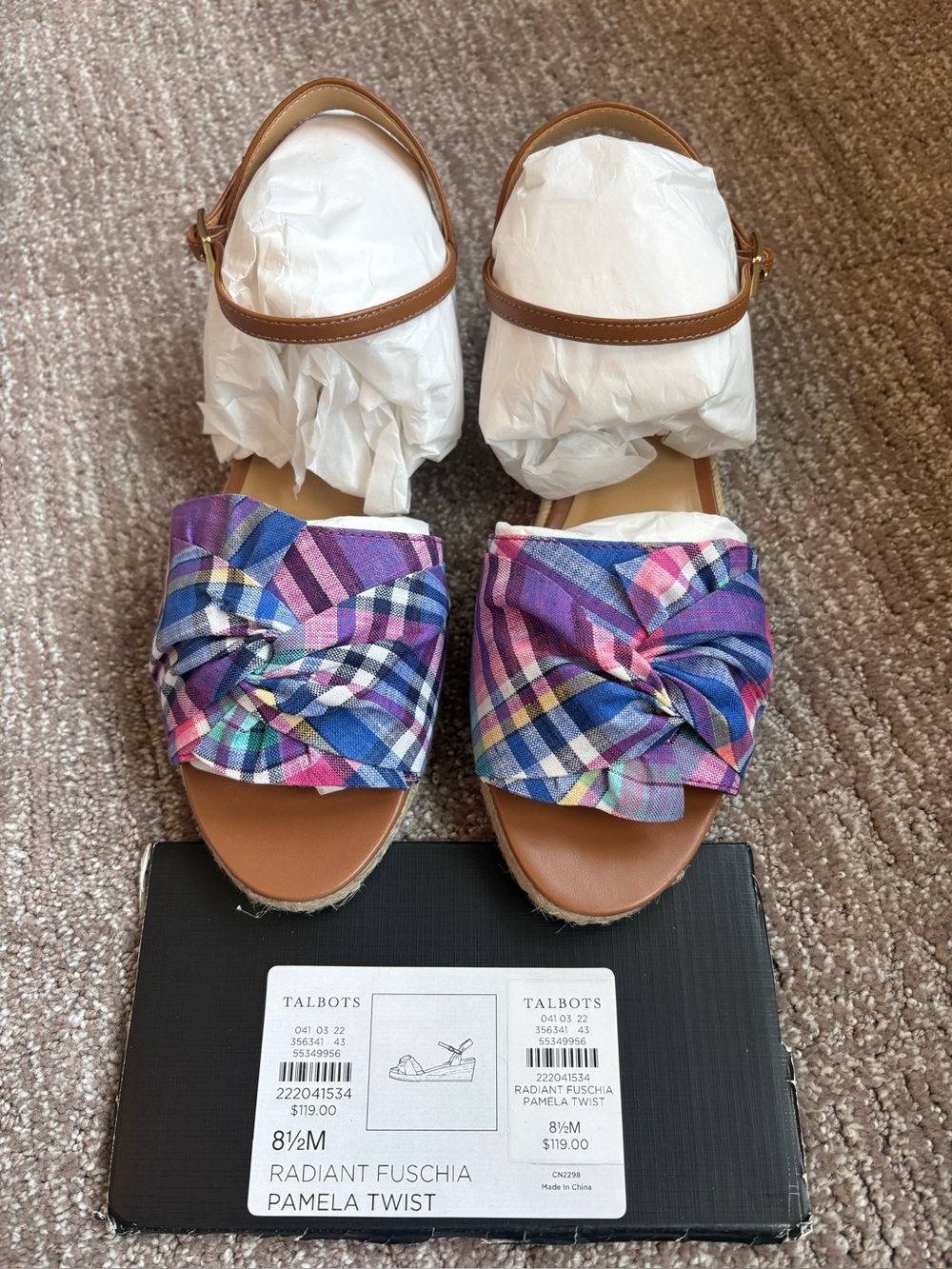 NWT Talbots Multi-Color Plaid Knot Front Slingback Sandals with Tan Straps - Picture 7 of 7